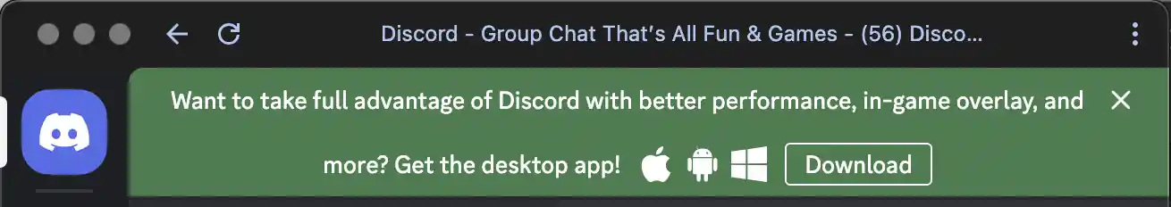 Discord PWA notifying users to download the electron app isntead